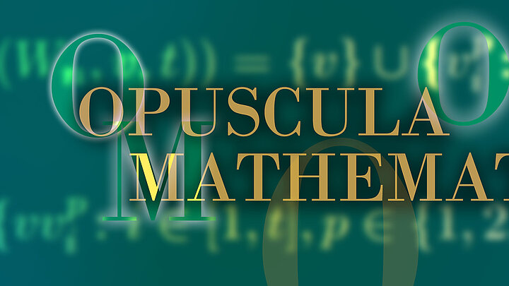 Abstrakcyjna grafika z napisem "Opuscula Mathematica". W tle rozmyte wzory matematyczne.