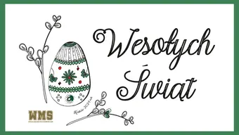 Jajko Wielkanocne bogato zdobione, bazie, logo i napis Wesołych Świąt