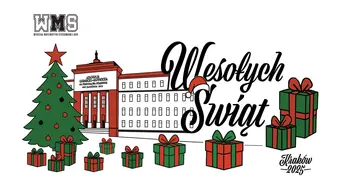 Grafika dekoracyjna choinka, prezenty, budynek AGH