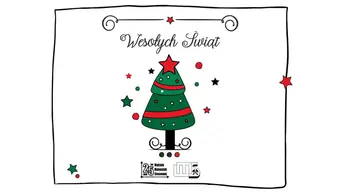 Kolorowa kartka z choinką i gwiazdkami, logo oraz tekstem
