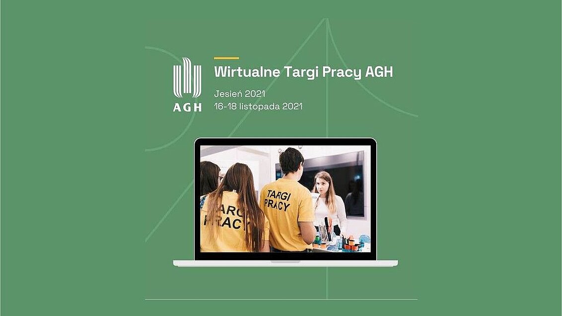 Targi _grafika monitor komutera na nim zdjęcie grupy ludzi tekst oraz logo