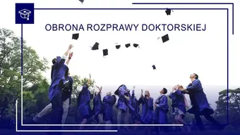grafika dekoracyjna z tekstem i trofeum na podium Wspólne rzucanie biretów przez grupę osób