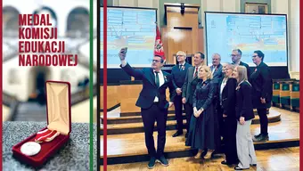 Kolaż: zdjecie medalu oraz grupowe zdjecie nagrodzonych